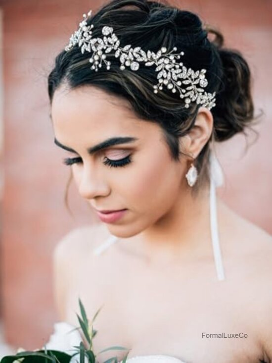 Crystal Bridal Headpiece Silver Wedding Headband Pearl Hair Vine Rhinestone main image 5